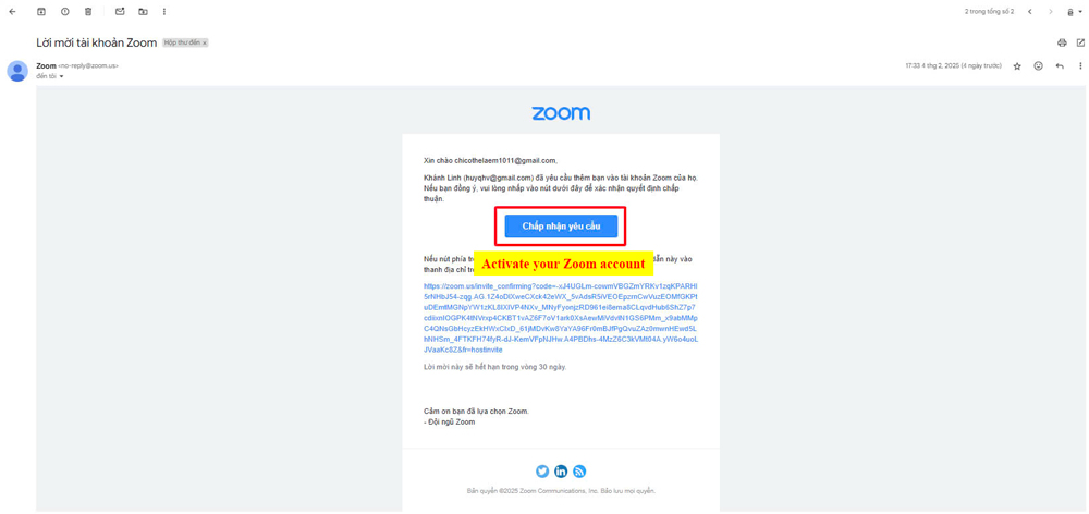 Bước 2: Chọn Kích hoạt tài khoản Zoom của bạn – “Activate your Zoom account”.
