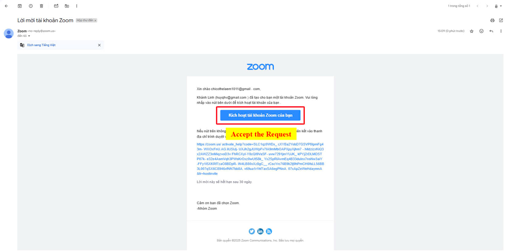 Bước 2: Nhấn Chấp nhận yêu cầu – ”Accept the Request “.