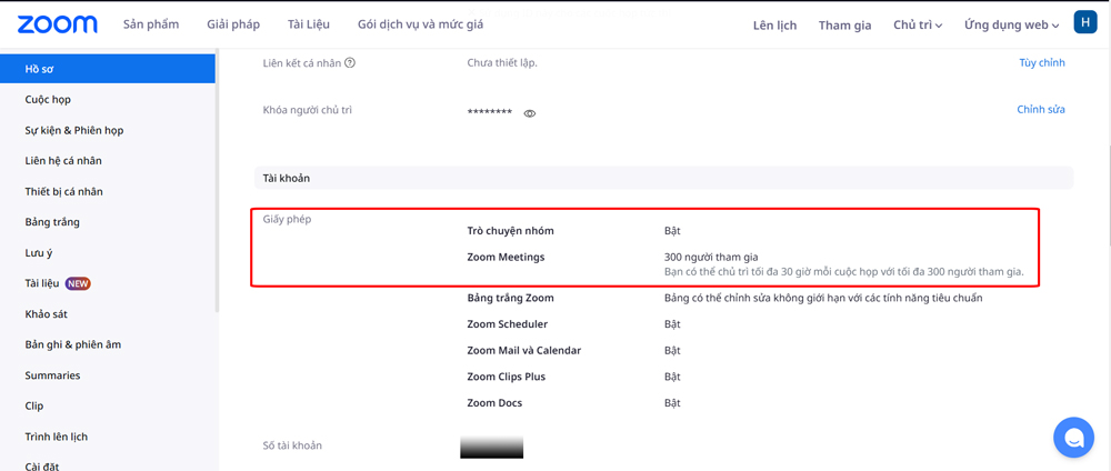 Đăng nhập vào zoom.us, chọn mục Hồ sơ (Profile) các bạn kéo xuống tìm mục giấy phép ghi số lượng người tham dự và Bạn có thể tổ chức tối đa 30 giờ cho mỗi cuộc họp với tối đa 300 người tham gia.