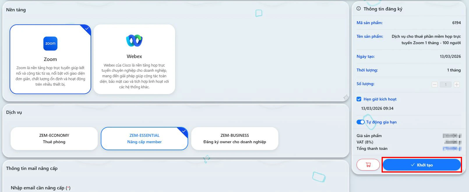 Kiểm tra thông tin sản phẩm và nhấp chọn Khởi tạo.
