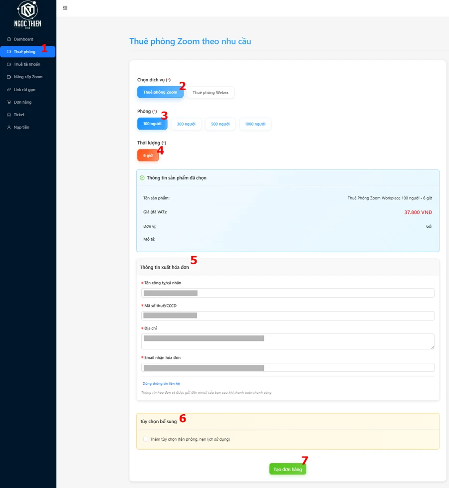 Bước 3: Chọn gói thuê Zoom 100 người – 6 giờ
