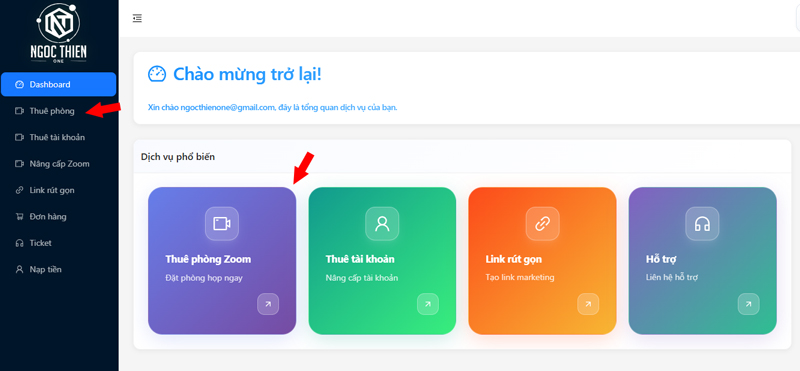 Bước 3: Chọn mục “Thuê phòng Zoom”