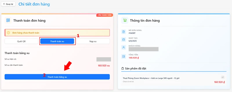 Còn nếu chọn thanh toán bằng xu, hệ thống sẽ tự động trừ xu trong tài khoản của bạn sau khi xác nhận 