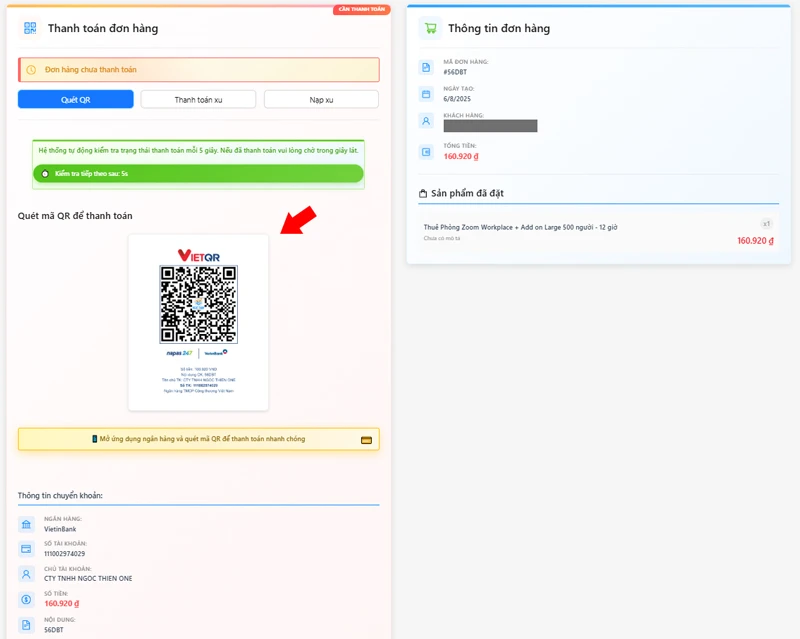 Kiểm tra thông tin đơn hàng. Quét mã QR để thanh toán.
