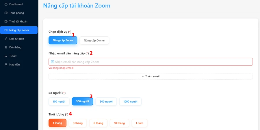 chọn số lượng người tham gia là 300 người, rồi chọn thời gian sử dụng theo nhu cầu
