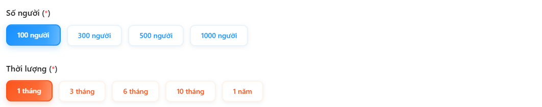 Chọn số người và thời gian nâng cấp phù hợp với nhu cầu sử dụng.