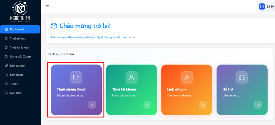 Sau khi đăng nhập hệ thống thành công, tại giao diện Dashboard chọn Thuê phòng Zoom