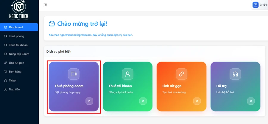 Tại giao diện chính, chọn Thuê phòng Zoom