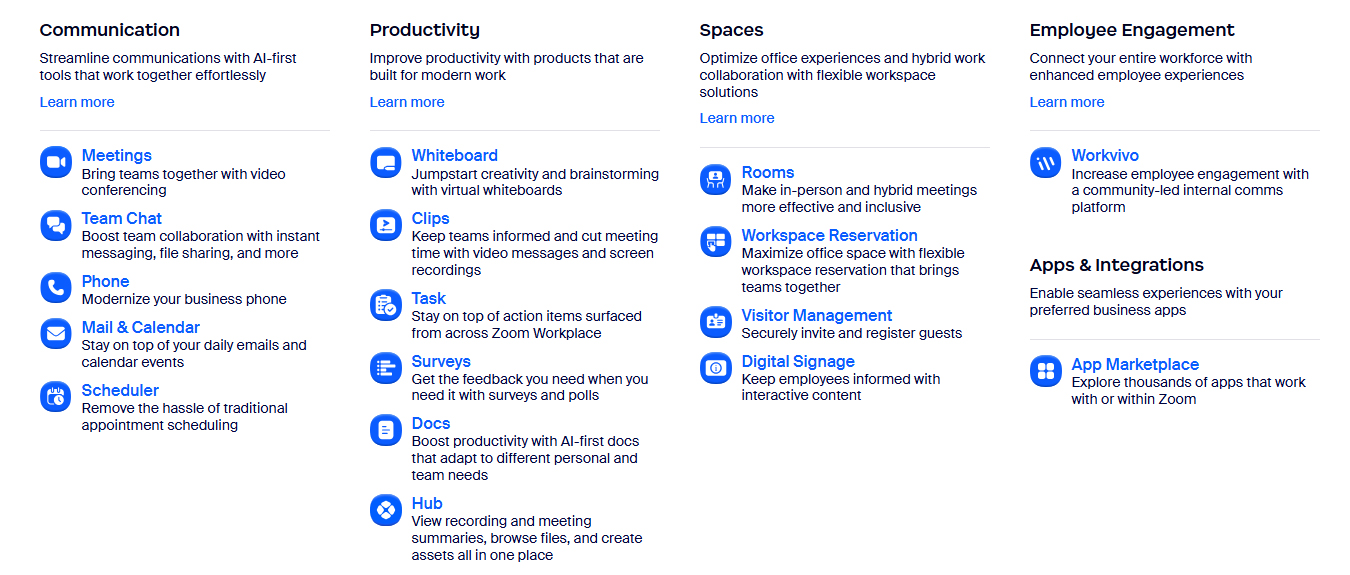 Các tính năng chính của Zoom Workplace: Communication, Productivity, Spaces, Employee Engagement, và Apps & Integrations
