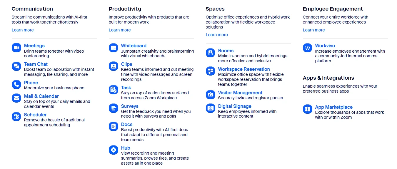 Các tính năng chính của Zoom Workplace: Communication, Productivity, Spaces, Employee Engagement, và Apps & Integrations