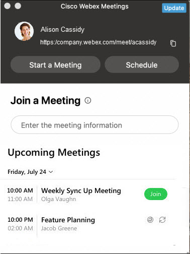 Ở góc trên bên phải của ứng dụng máy tính để bàn Cisco Webex Meetings, hãy nhấp vào Update (Cập nhật).