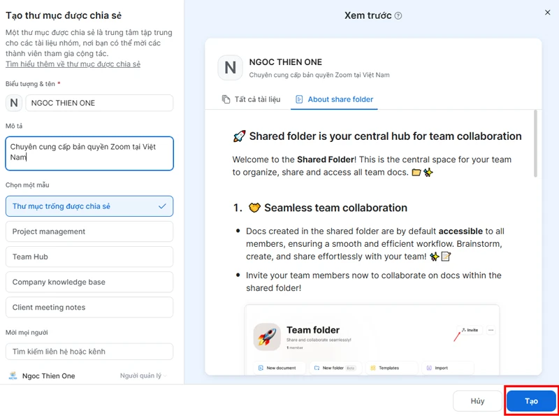 Nhập tên thư mục của bạn, sau đó nhấp vào Create [Tạo].