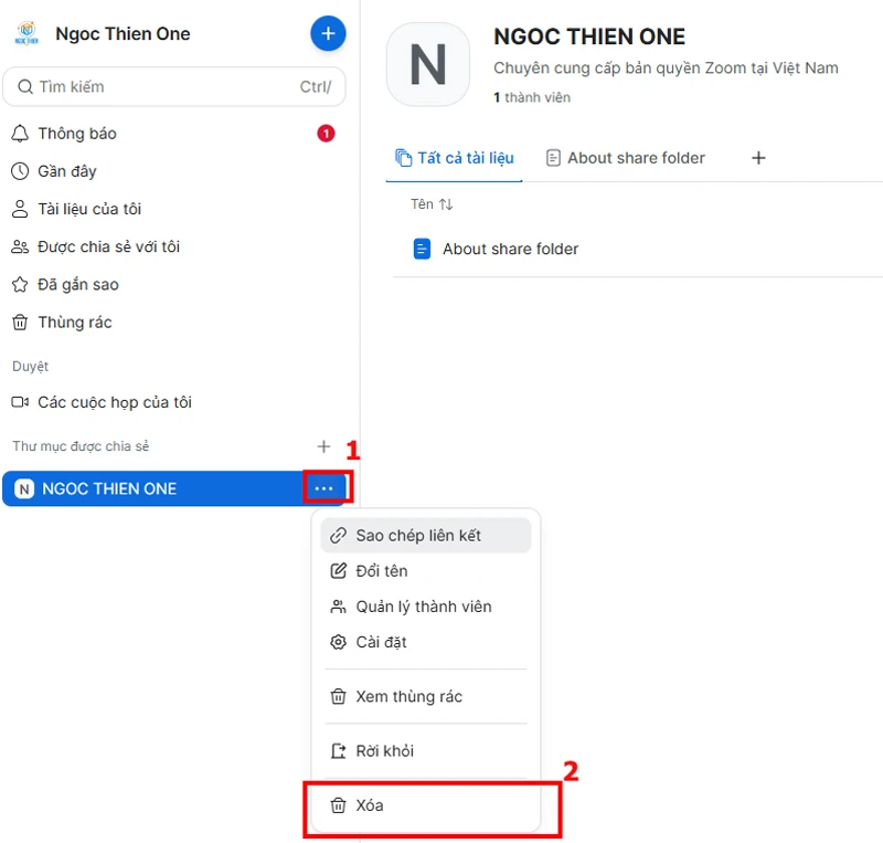 Xóa thư mục được chia sẻ trong Zoom Docs