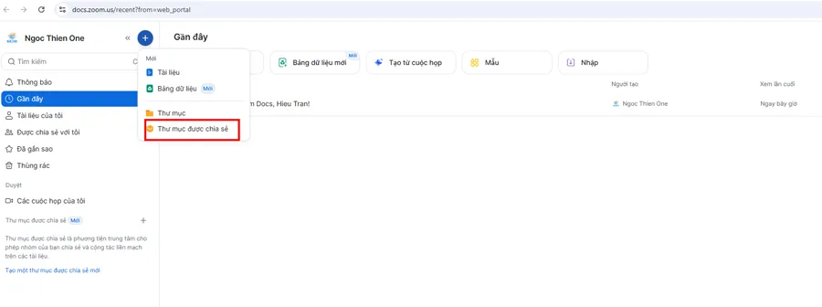 Tạo thư mục dùng chung trong Zoom Docs