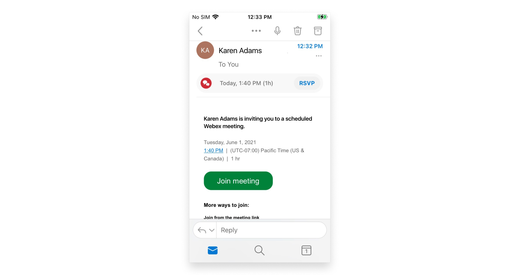 Nhấn Join meeting (Tham gia cuộc họp) trong thư mời email khi đến giờ họp.