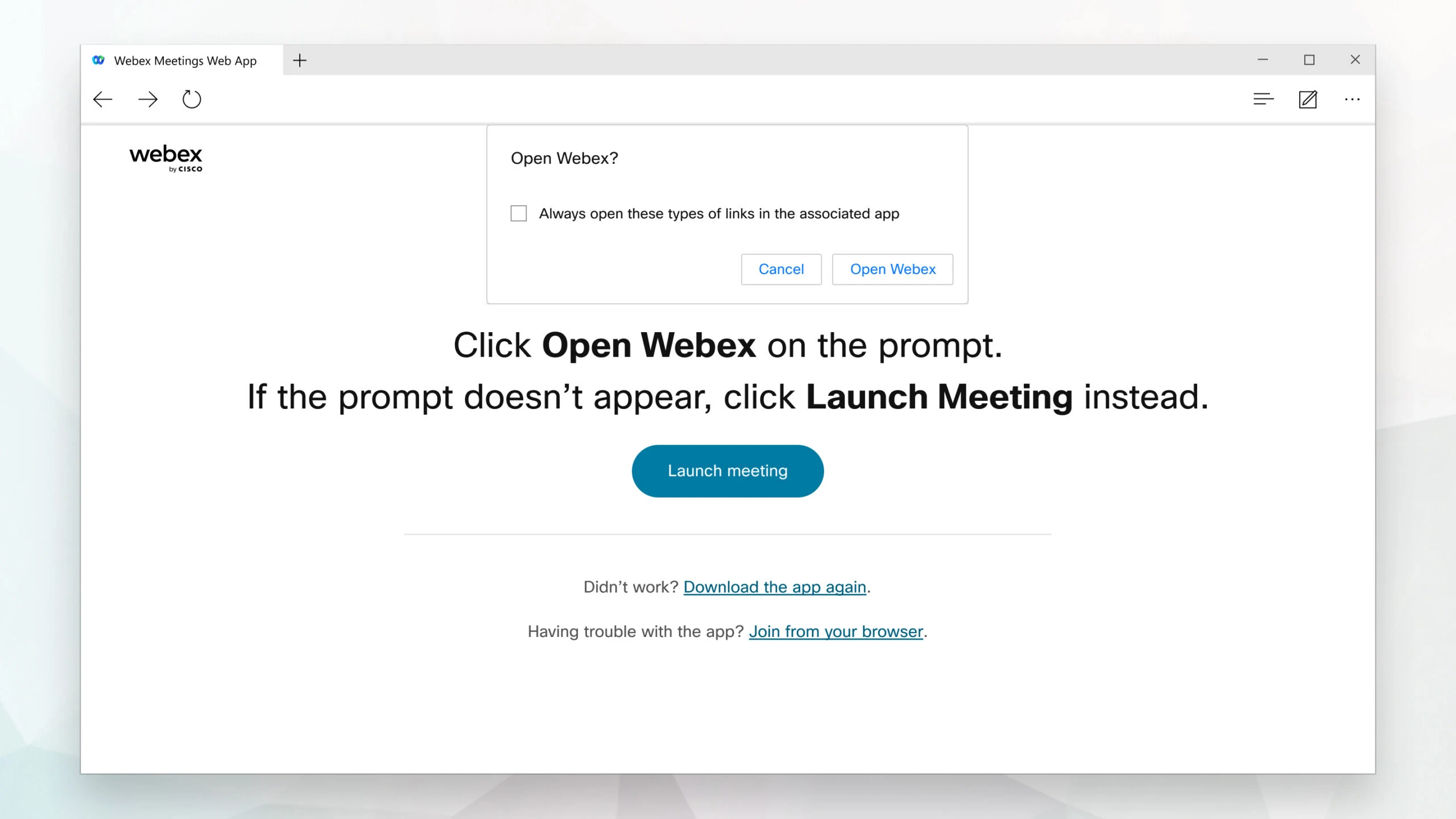 Webex sẽ bắt đầu chuẩn bị để kết nối bạn vào cuộc họp. 