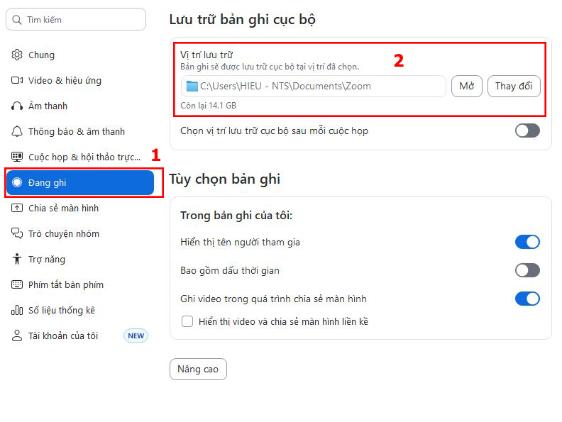 Trong phần Vị trí lưu bạn sẽ thấy đường dẫn tệp nơi các bản ghi Zoom được lưu