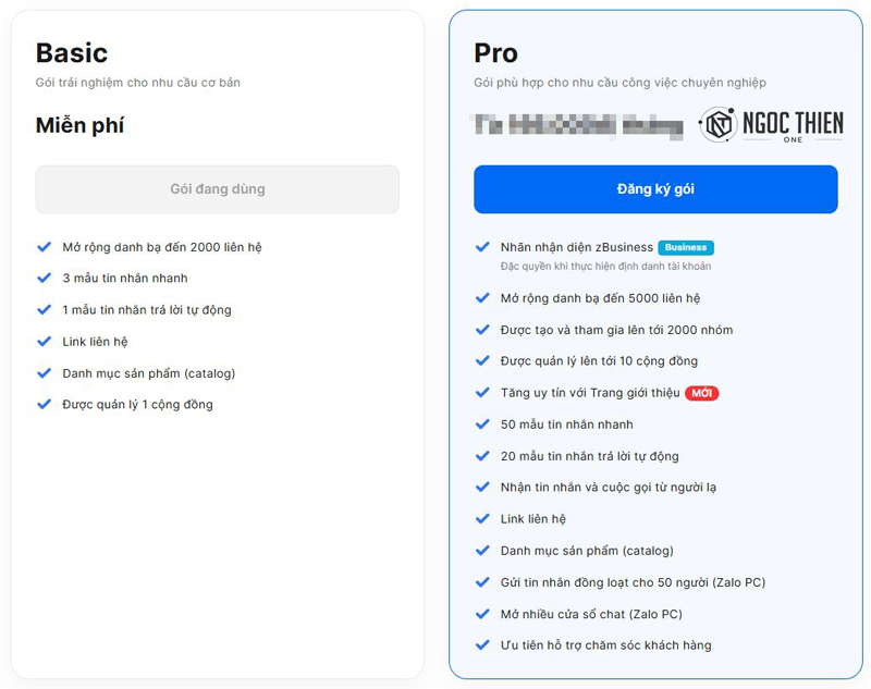 Bước 2: Chọn gói Zalo Business Pro