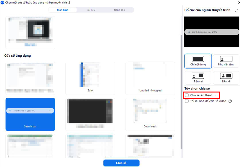 Cách share màn hình trên Zoom có âm thanh