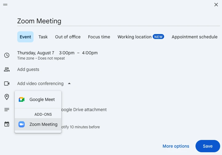 Cách tạo link Zoom qua Lịch Google