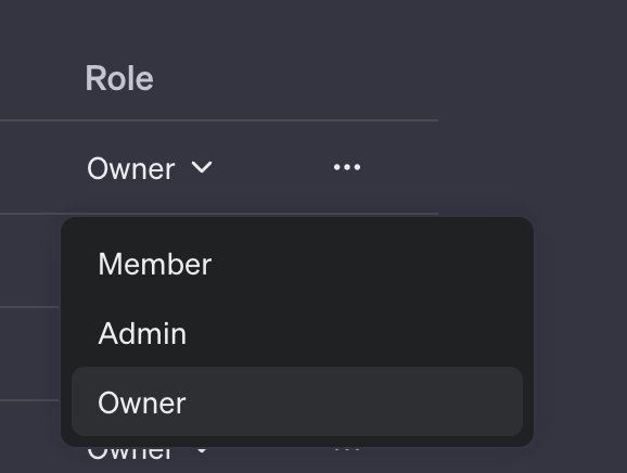 Nếu bạn là chủ sở hữu, bạn có thể chuyển đổi người dùng khác giữa các vai trò Thành viên, Quản trị viên và Chủ sở hữu bằng cách nhấp vào vai trò hiện tại của người dùng trong cột "Vai trò".