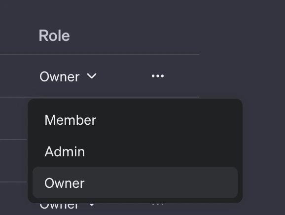 Nếu bạn là chủ sở hữu, bạn có thể chuyển đổi người dùng khác giữa các vai trò Thành viên, Quản trị viên và Chủ sở hữu bằng cách nhấp vào vai trò hiện tại của người dùng trong cột "Vai trò".