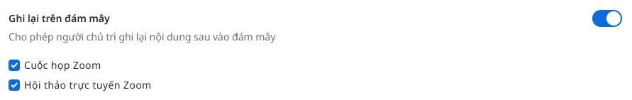 Đã bật tính năng ghi lại trên đám mây trên Zoom Workplace