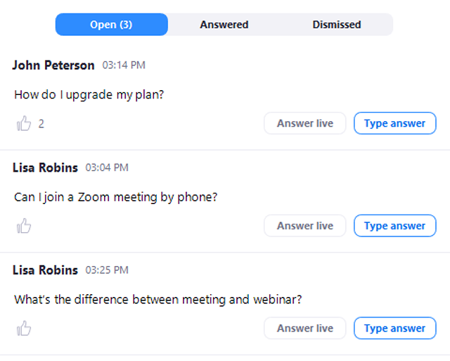 Hỏi đáp được chọn thích trong Zoom Webinar trên máy tính