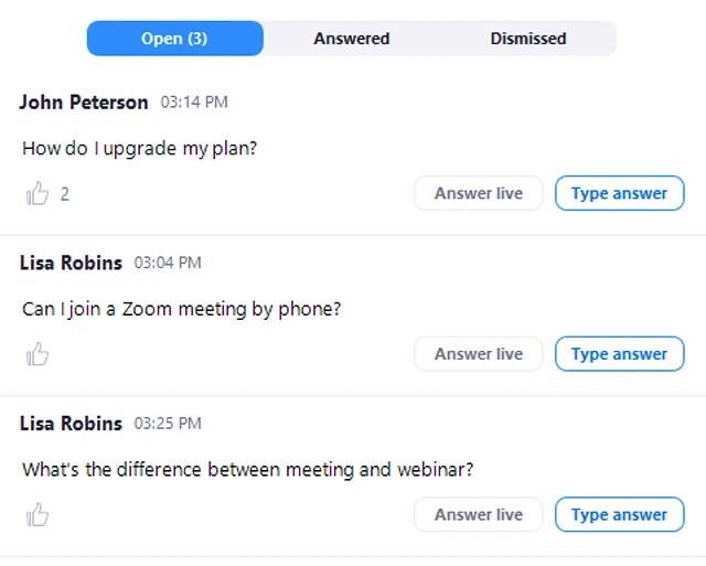 Hỏi đáp được chọn thích trong Zoom Webinar trên máy tính
