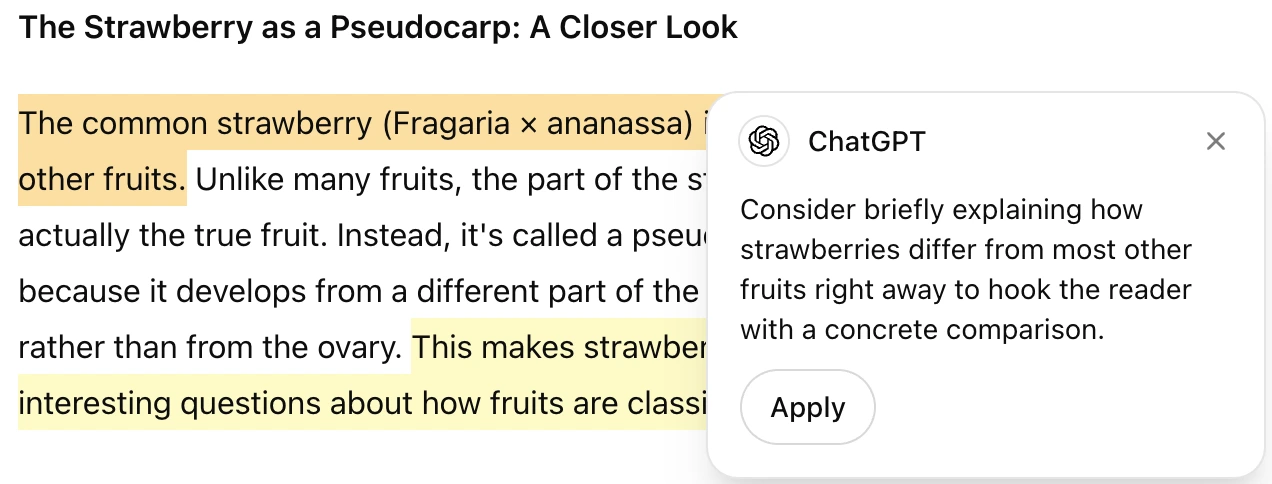 Bạn có thể nhận được các đề xuất bình luận cụ thể từ ChatGPT bằng cách chọn các phím tắt Đề xuất chỉnh sửa hoặc Xem lại mã