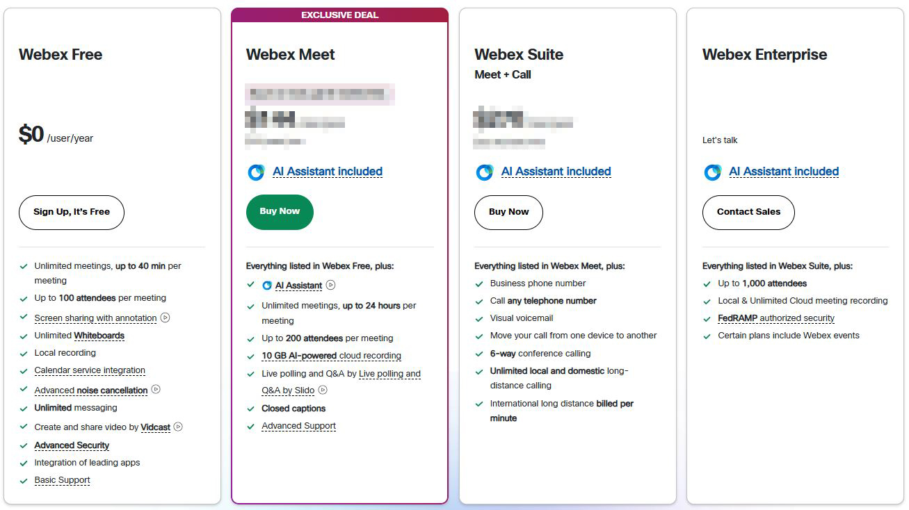 Tổng quan các gói dịch vụ Webex Meetings