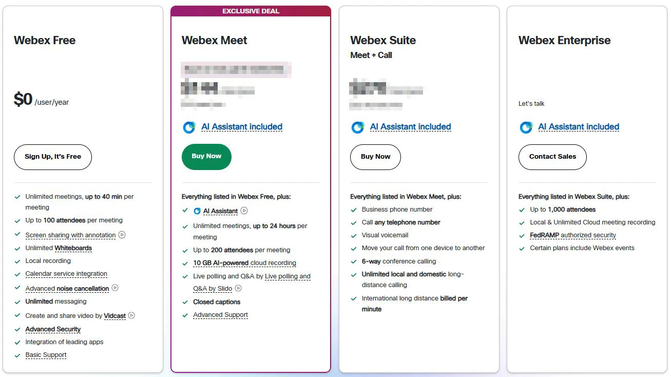 Tổng quan các gói dịch vụ Webex Meetings