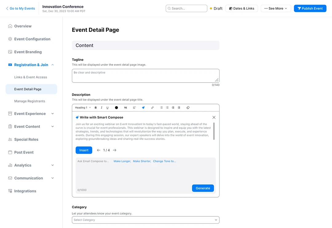 Hướng dẫn cách soạn nội dung sự kiện bằng Zoom Events Compose với Zoom AI Companion