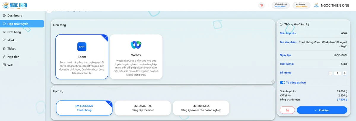 Tại thanh menu bên trái, chọn Họp trực tuyến → chọn nền tảng Zoom → chọn dịch vụ EM-ECONOMY (Thuê phòng).