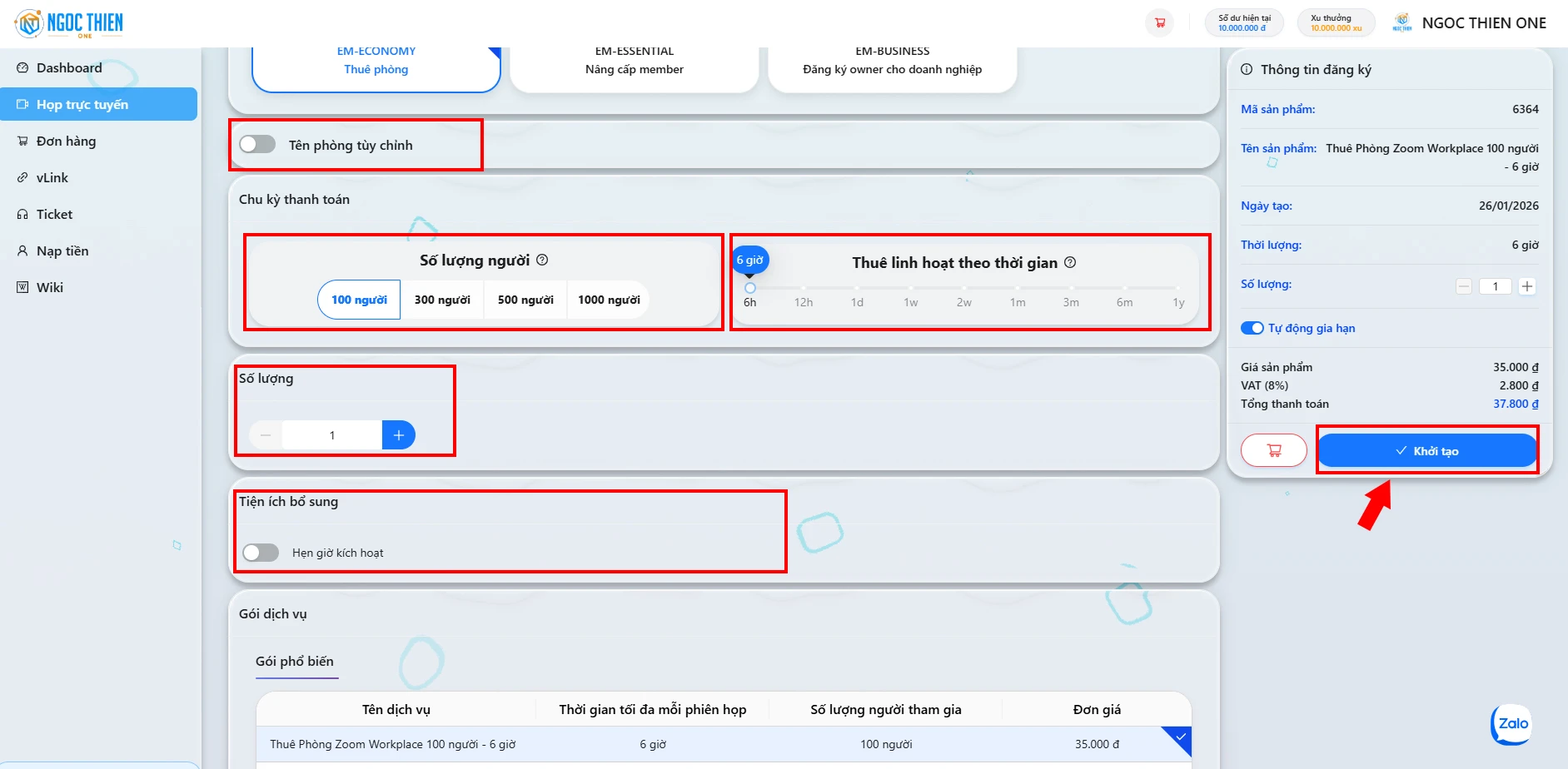 Điều chỉnh thông tin phòng họp theo nhu cầu, bao gồm: tên phòng tùy chỉnh, số lượng người tham gia, thời gian thuê, số lượng tài khoản và hẹn giờ kích hoạt. Sau đó, nhấp chọn Khởi tạo và xác nhận thanh toán đơn hàng để hoàn tất.