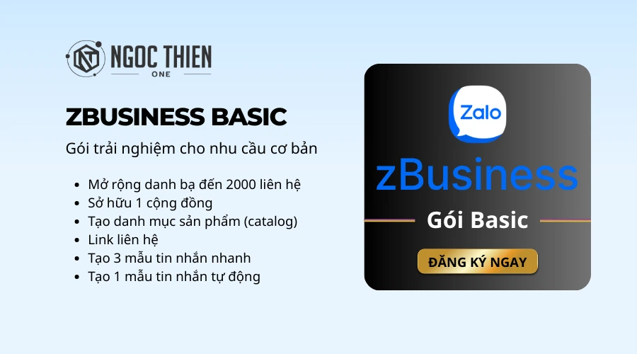 zBusiness Basic (Zalo Business Basic) là gói miễn phí của Zalo Business, một phiên bản nâng cấp tài khoản Zalo cá nhân với các tính năng hỗ trợ kinh doanh cơ bản, giúp người bán online quản lý khách hàng, tự động hóa tin nhắn, tạo danh mục sản phẩm và kết nối dễ dàng hơn, phù hợp cho cá nhân và doanh nghiệp nhỏ mới bắt đầu kinh doanh trên Zalo.