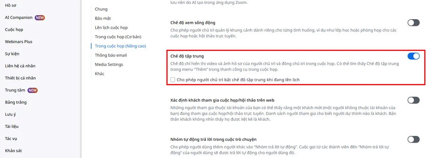 Cách bật chế độ tập trung trên Zoom