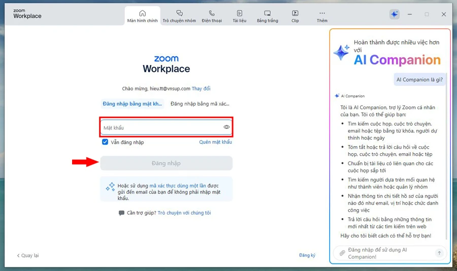 Bước 2: Nhập mật khẩu → chọn Đăng nhập.