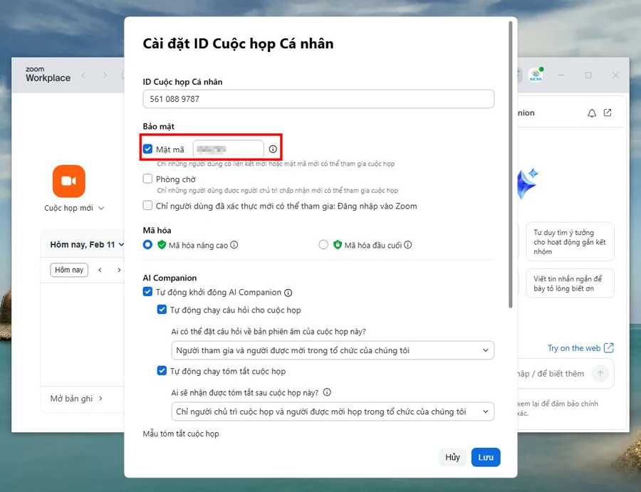 Tại ô Mật mã/Passcode → xóa mật mã cũ → nhập mật mã mới theo nhu cầu.