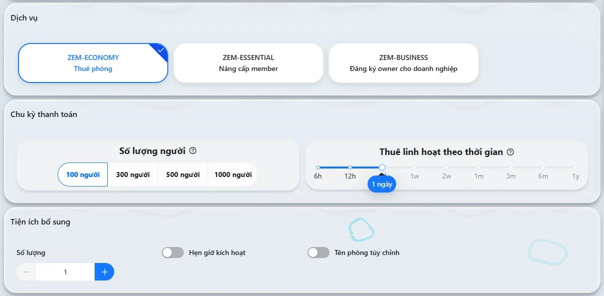 Mục Dịch vụ chọn ZEM-ECONOMY (Thuê phòng) -> Tại mục Chu kỳ thanh toán chọn:
