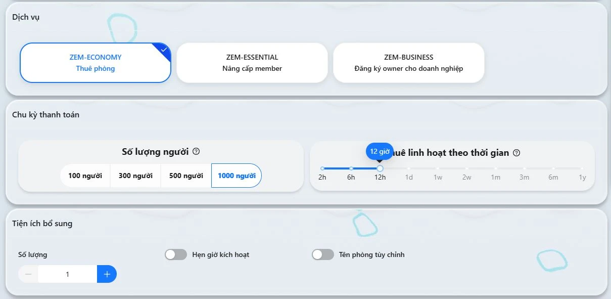 Mục Dịch vụ chọn ZEM-ECONOMY (Thuê phòng) -> Tại mục Chu kỳ thanh toán chọn:
