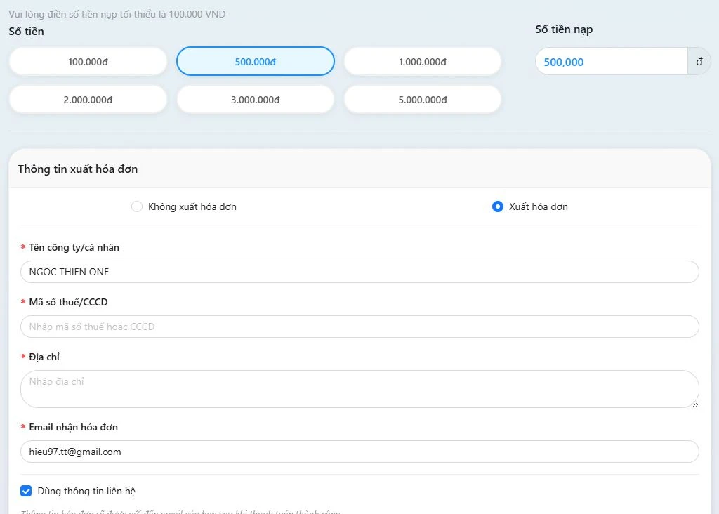 Nạp tiền vào hệ thống cs.ngocthien.one