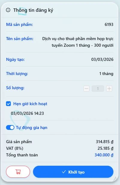 Vui lòng rà soát lại thông tin gói Zoom đã lựa chọn để đảm bảo chính xác, sau đó nhấn Khởi tạo để tiếp tục.
