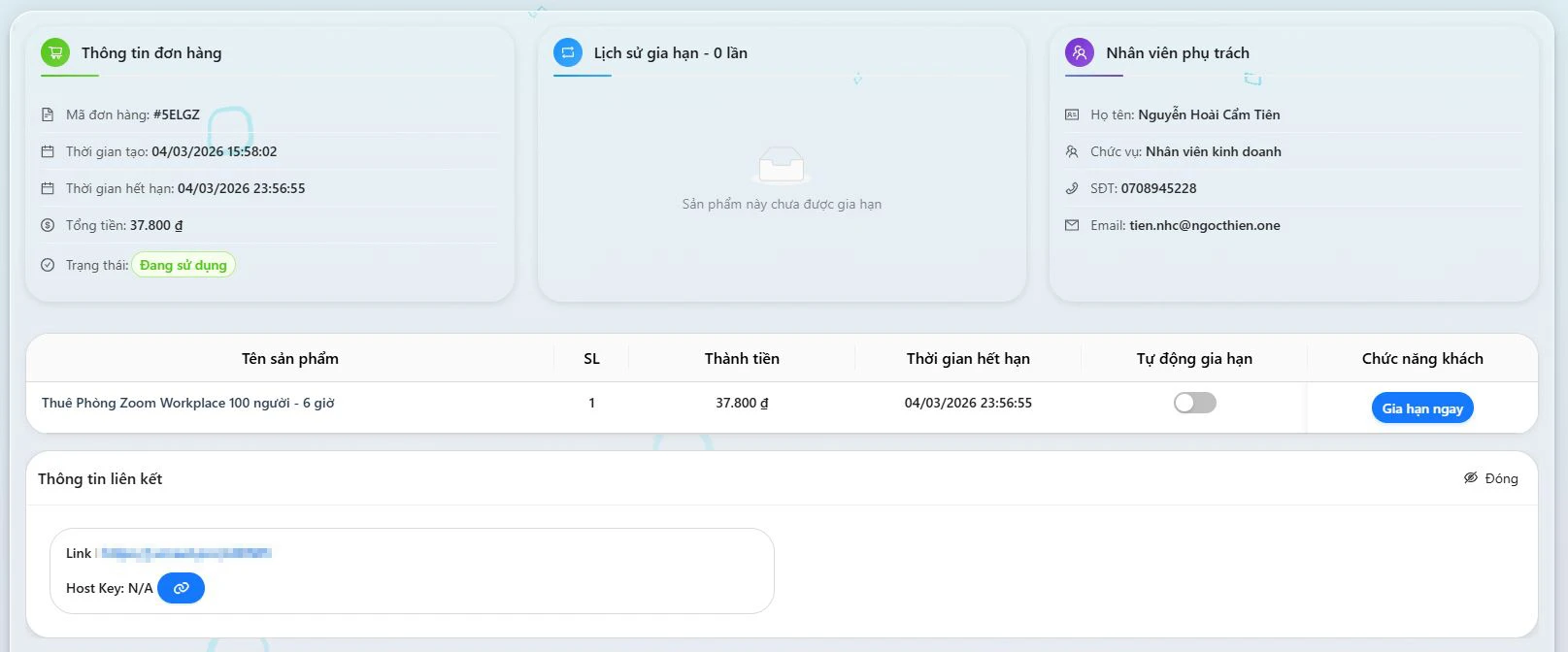 Vào mục Đơn hàng, nhấp chọn đơn hàng tương ứng để xem và lấy link phòng họp.