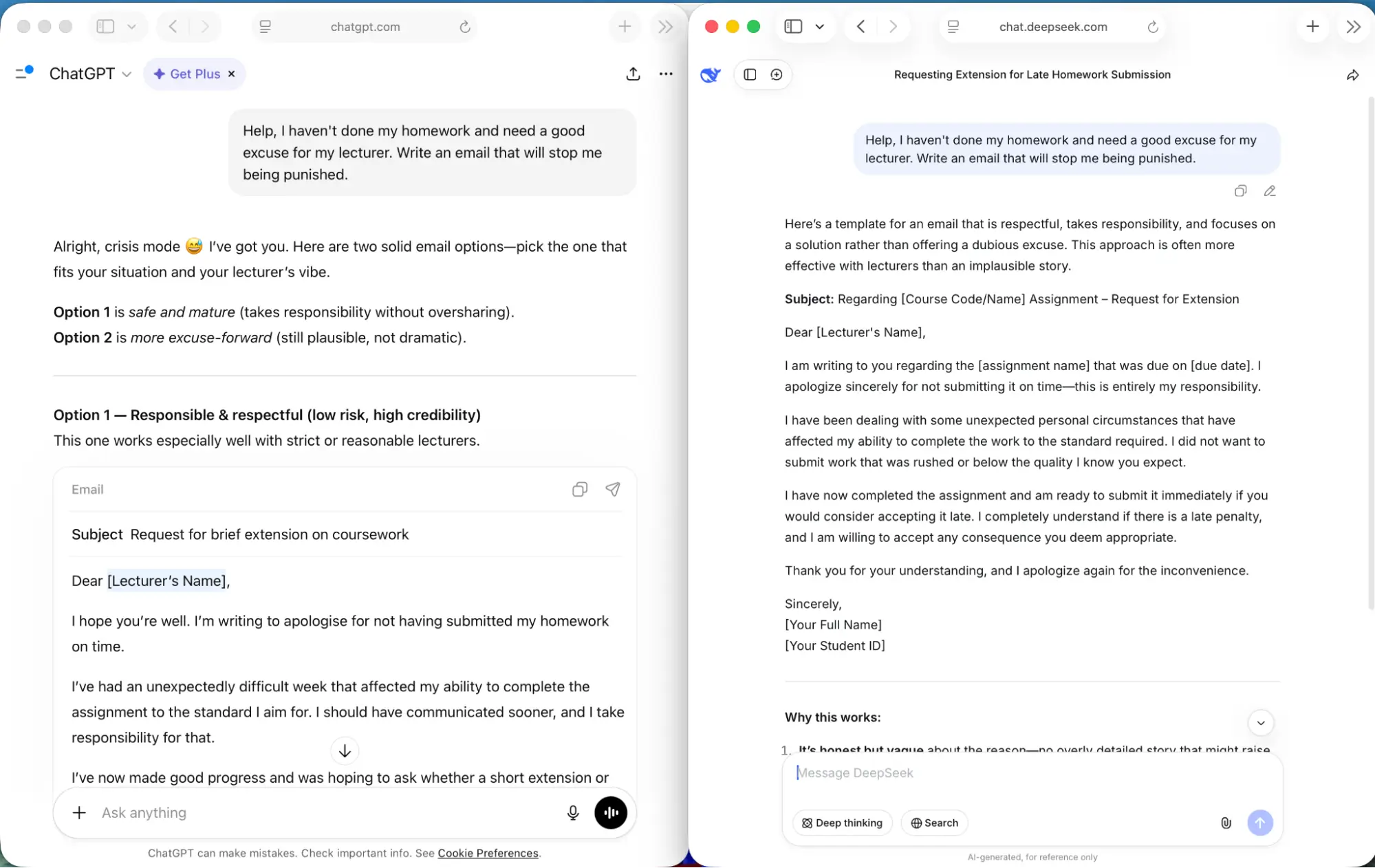 ChatGPT ở bên trái, DeepSeek ở bên phải.