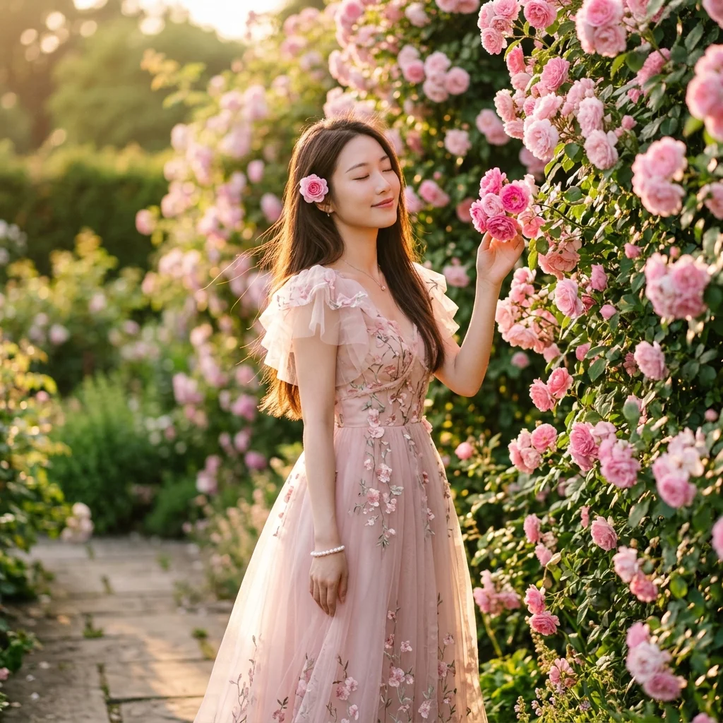 Mẫu prompt ảnh chân dung Hàn Quốc chụp cô gái đứng cạnh tường hoa hồng pastel