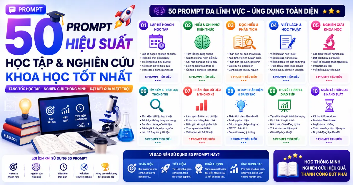 50 Prompt Hiệu Suất Học Tập và Nghiên Cứu Khoa Học Tốt Nhất