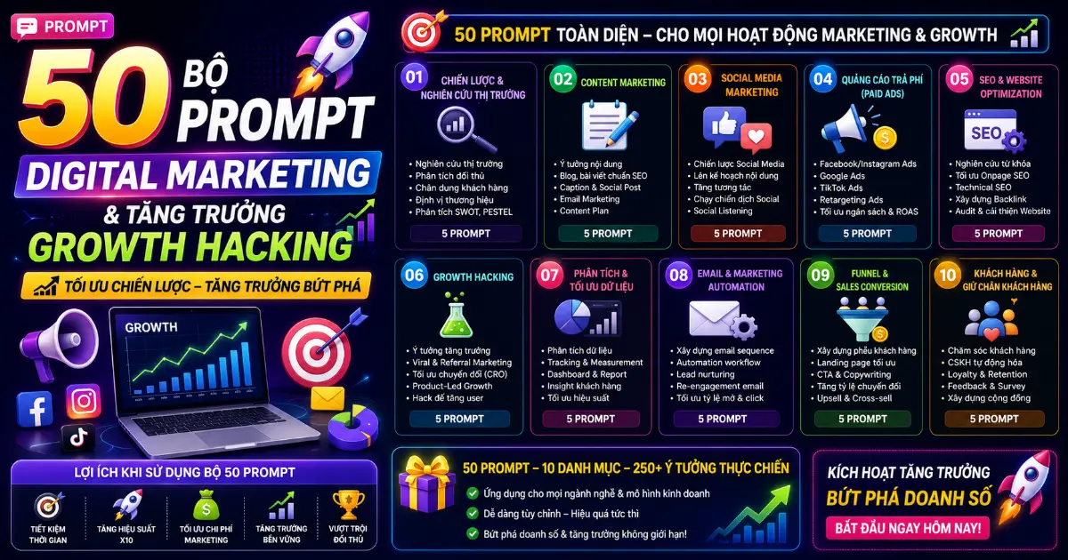 Bộ 50 Prompt Digital Marketing và Tăng trưởng Growth Hacking